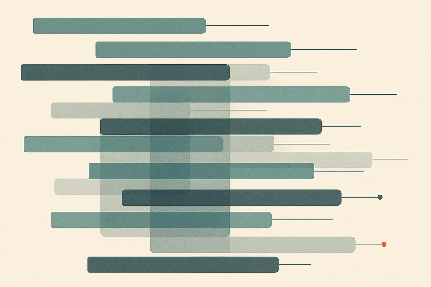 Abstract editorial illustration of overlapping clinical pipeline timelines and data layers